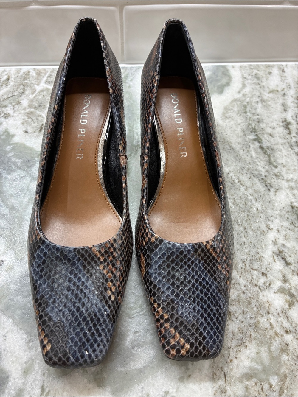 Donald J. Pliner Black and Brown Snake-Print Leather Pumps